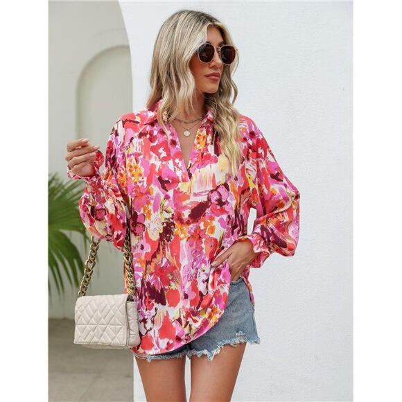 Pink Boho Floral Print V Neck Long Lantern Sleeve Flowy Loose‎ Top Blouse Shirt - Picture 4 of 7